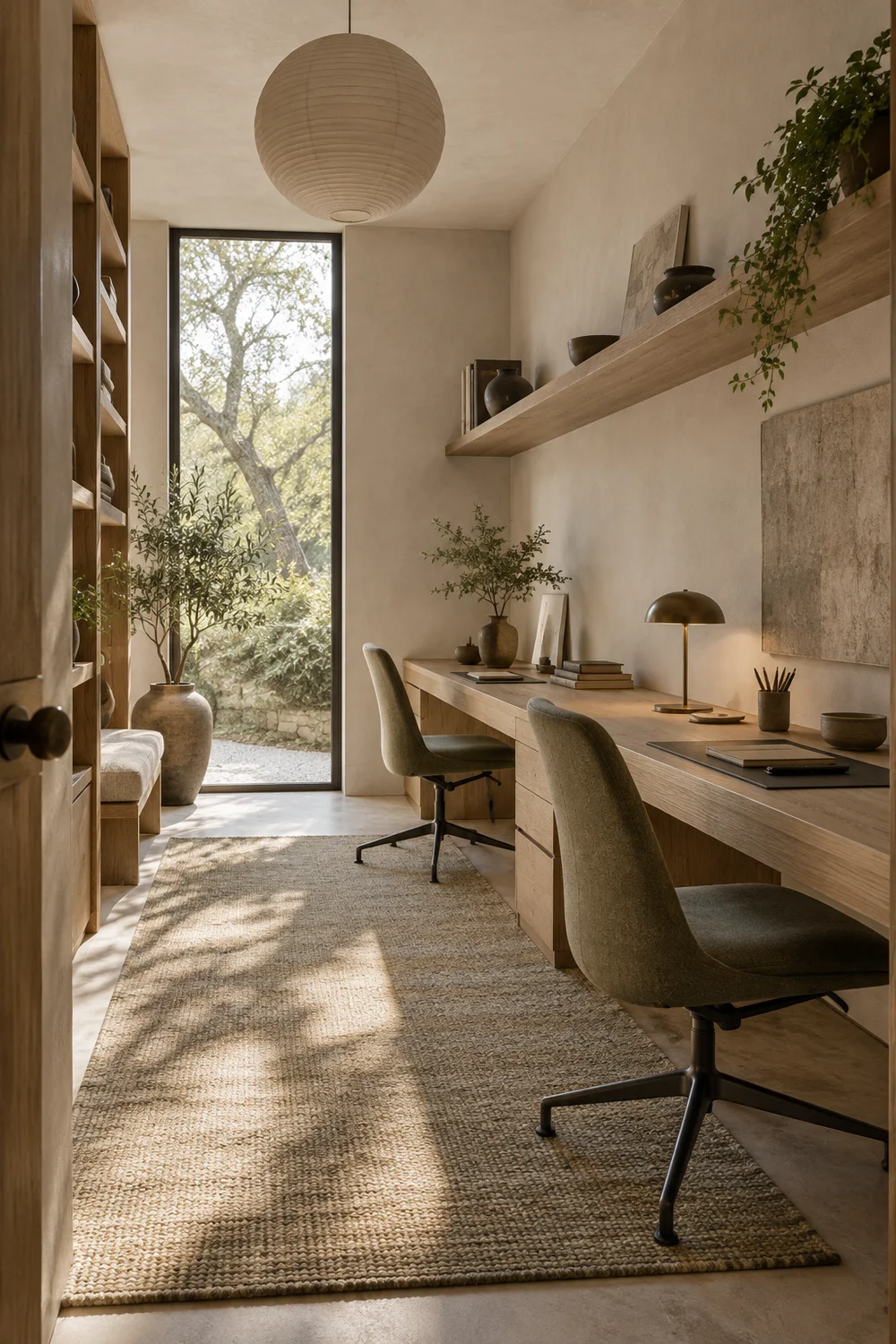 Shared Japandi study desk with balanced work positions
