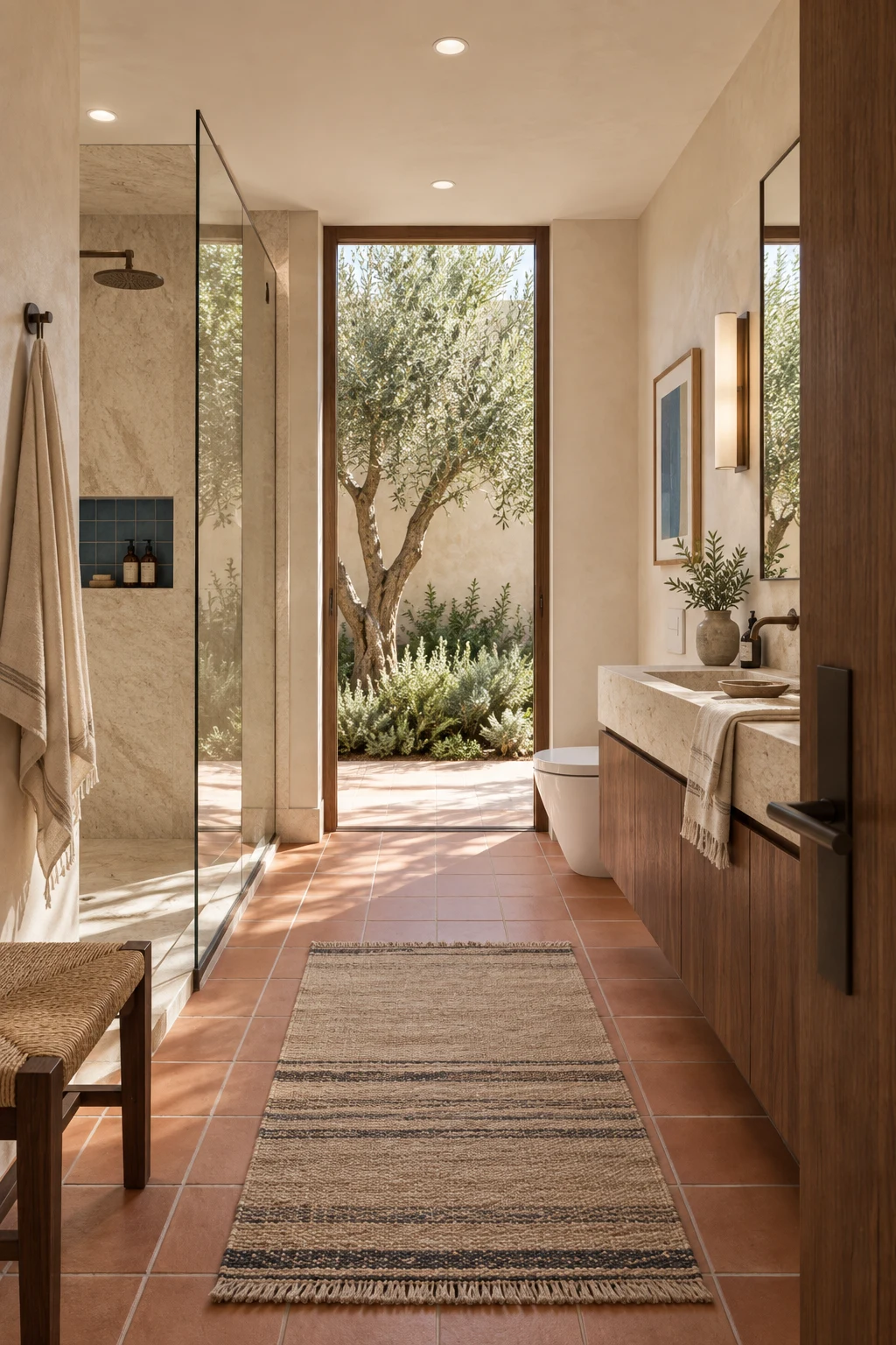 Shared family bathroom with a glass shower, stone vanity and leafy window view