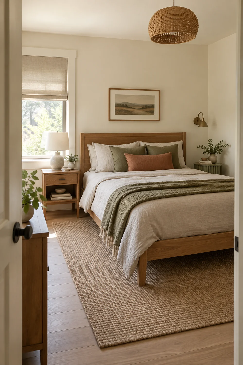 Shared modern bedroom seen from the doorway with oak furniture and warm linen