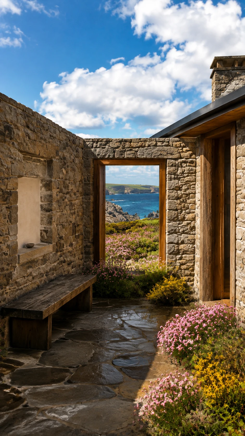 Sheltered stone courtyard and oak bench
