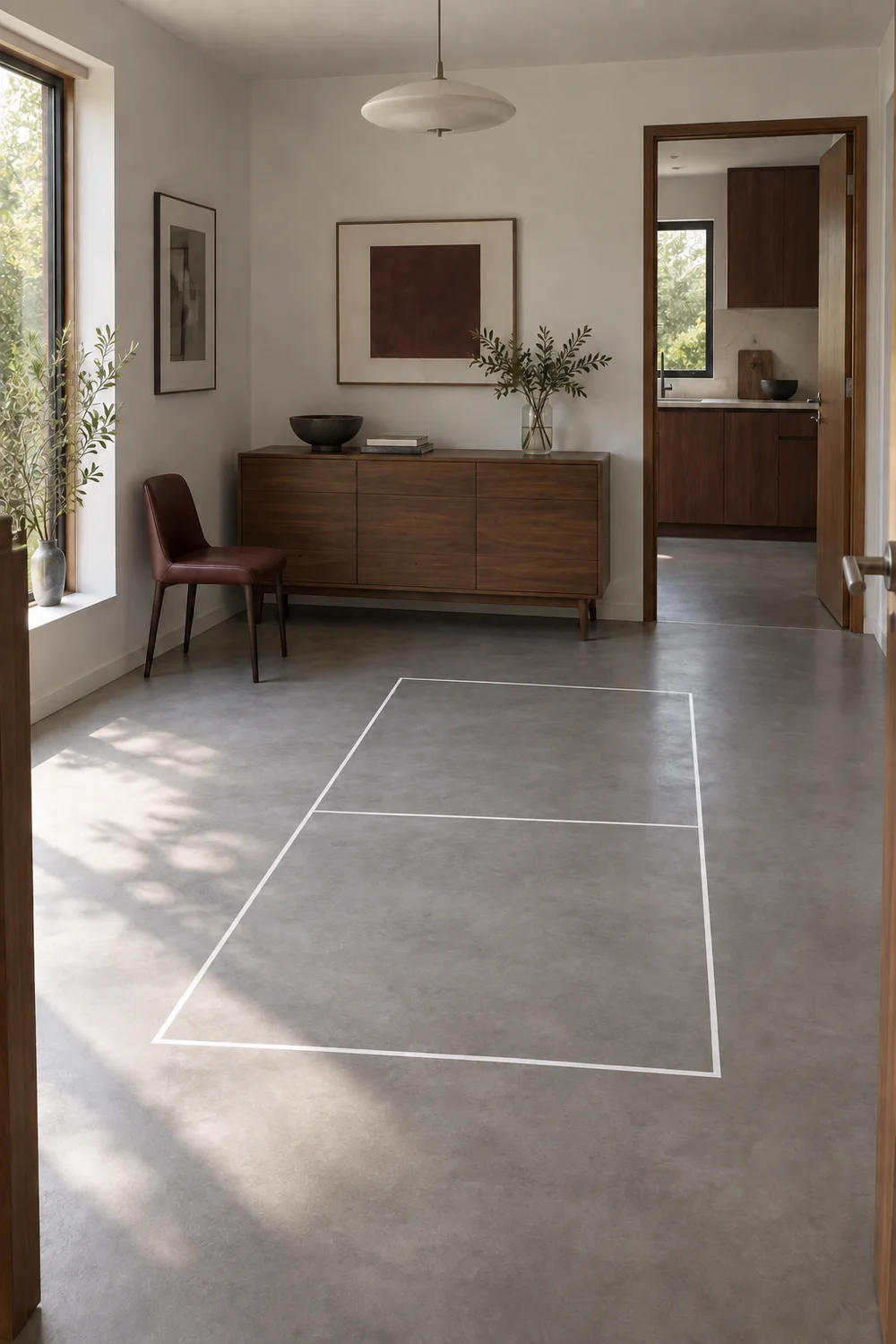 Short and extended table footprints marked on a grey dining room floor