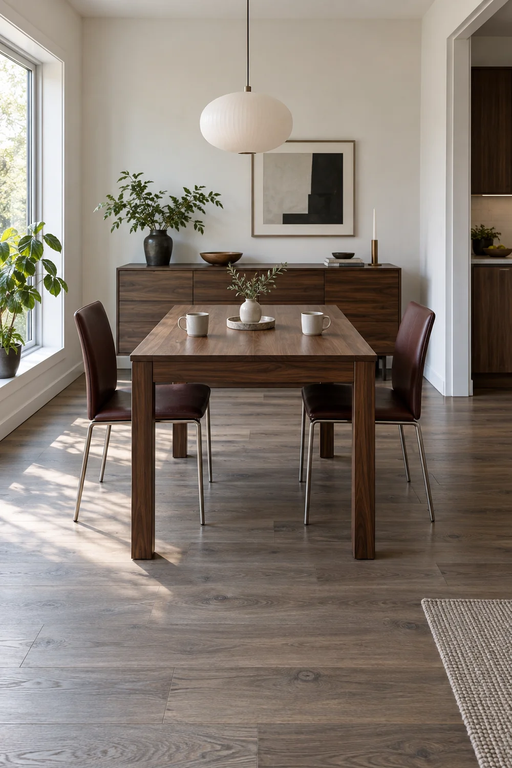 Short walnut dining table with two oxblood chairs and clear floor space