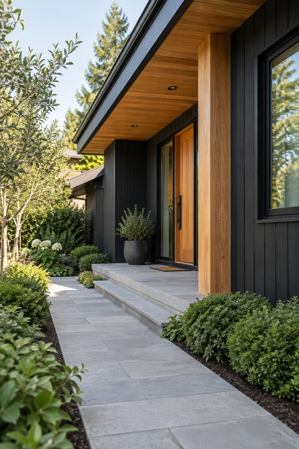 Side approach to a cedar porch soffit and timber return beside black cladding