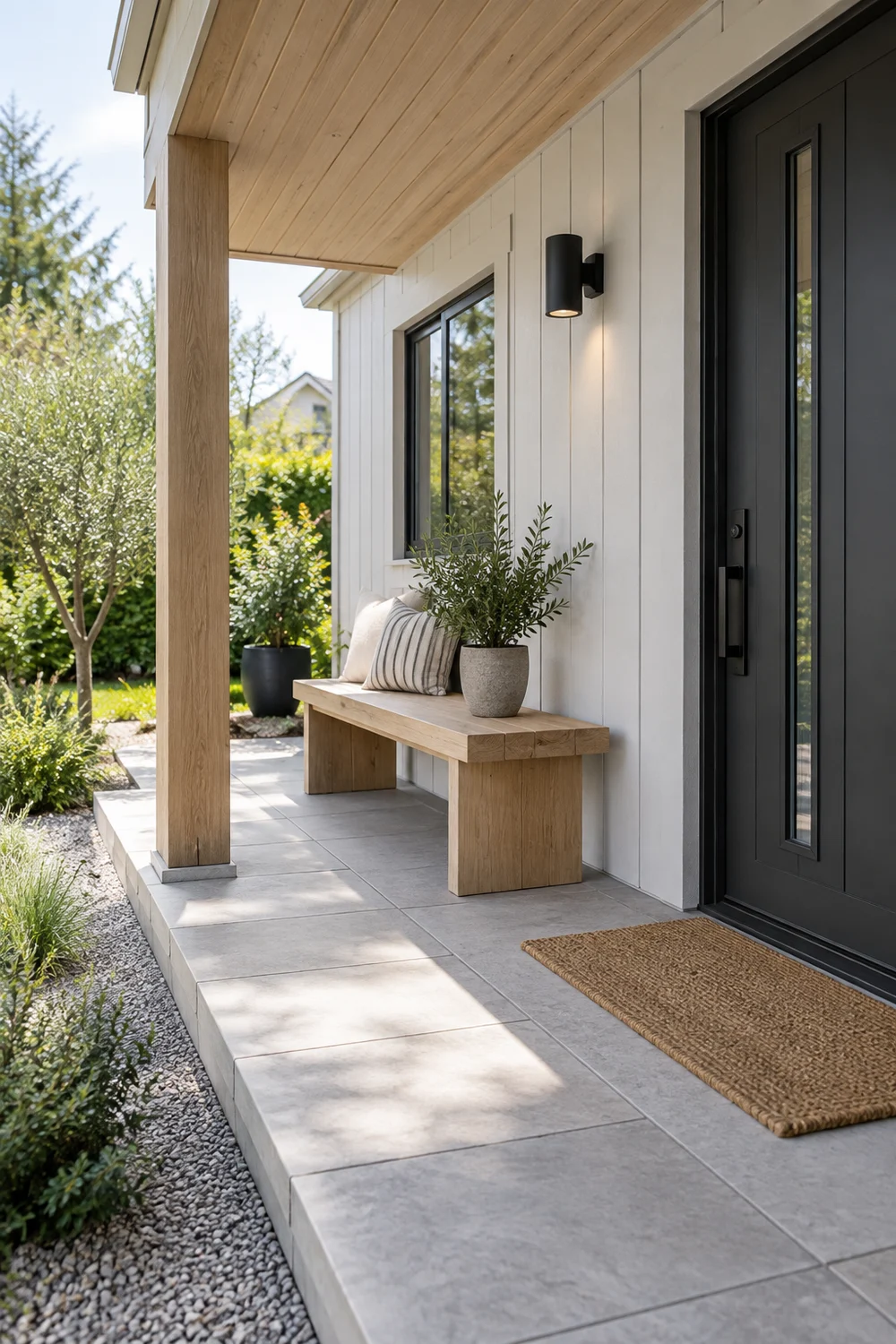 Simple Scandinavian porch with bench light and charcoal entry details
