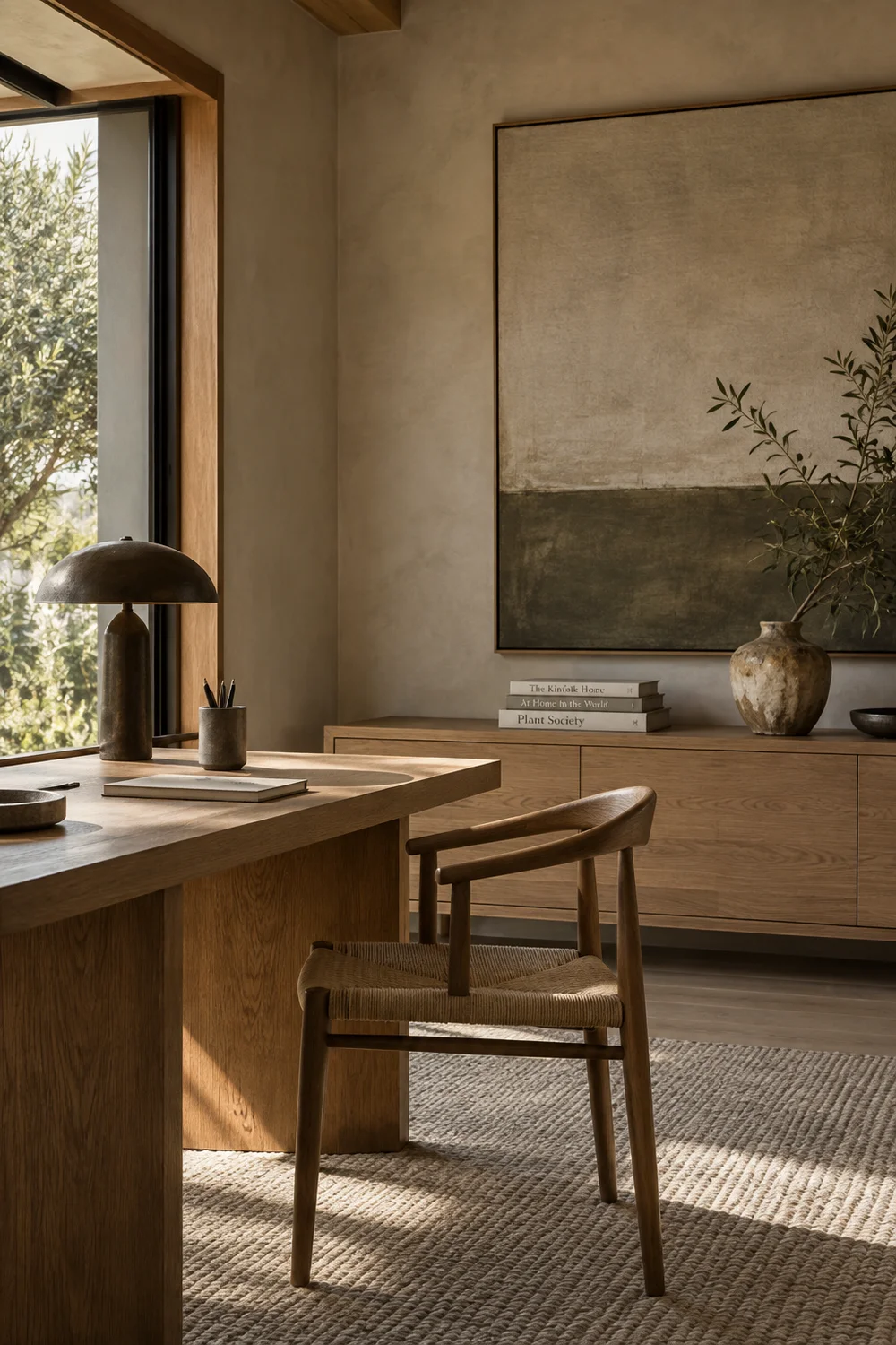 Simple artwork adding character to a calm Japandi workspace
