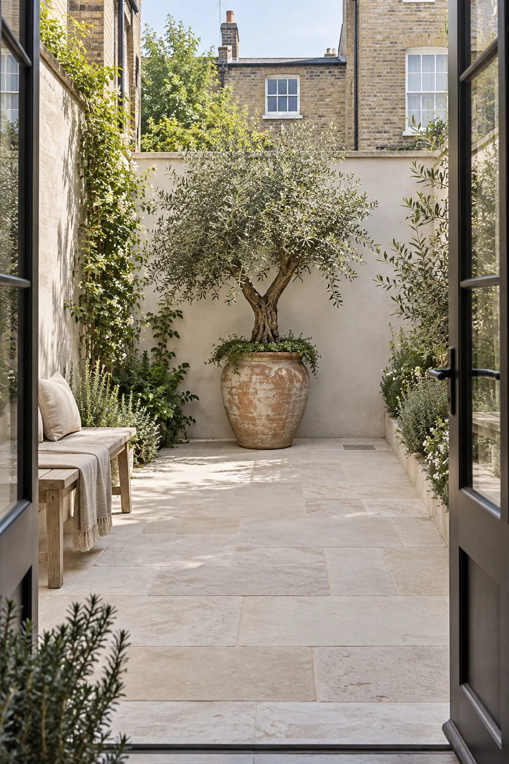 Single large terracotta olive pot at the end of a small courtyard view