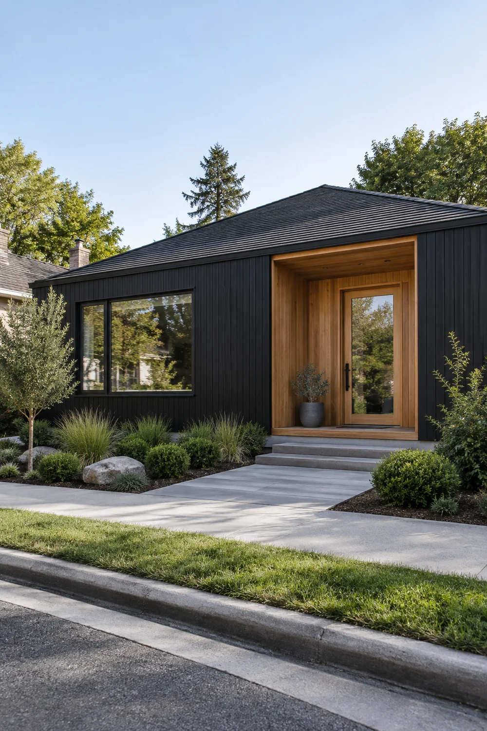 Single storey black house with a recessed cedar entrance and clear front path