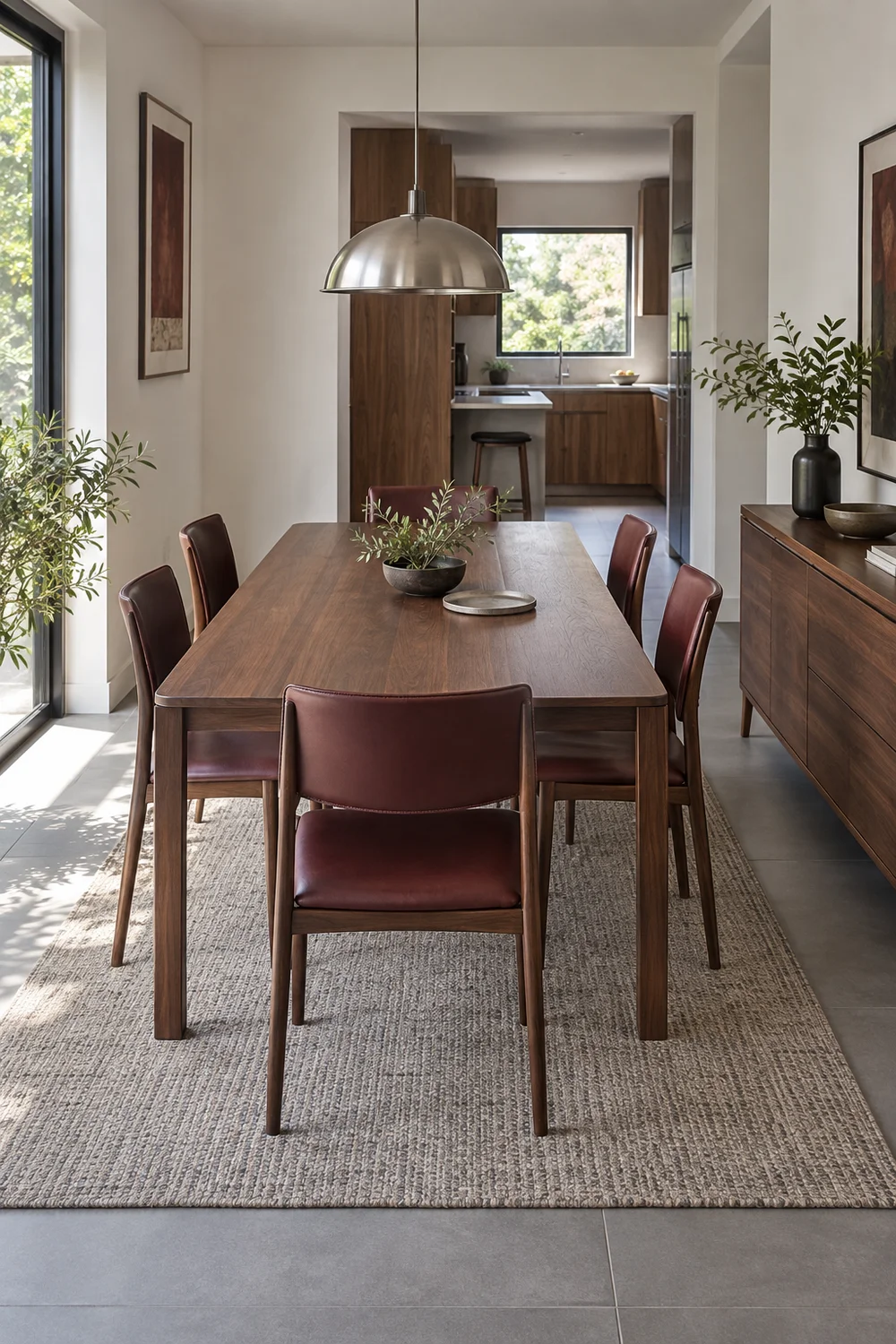 Six oxblood chairs around a walnut table beside a shallow dining room sideboard