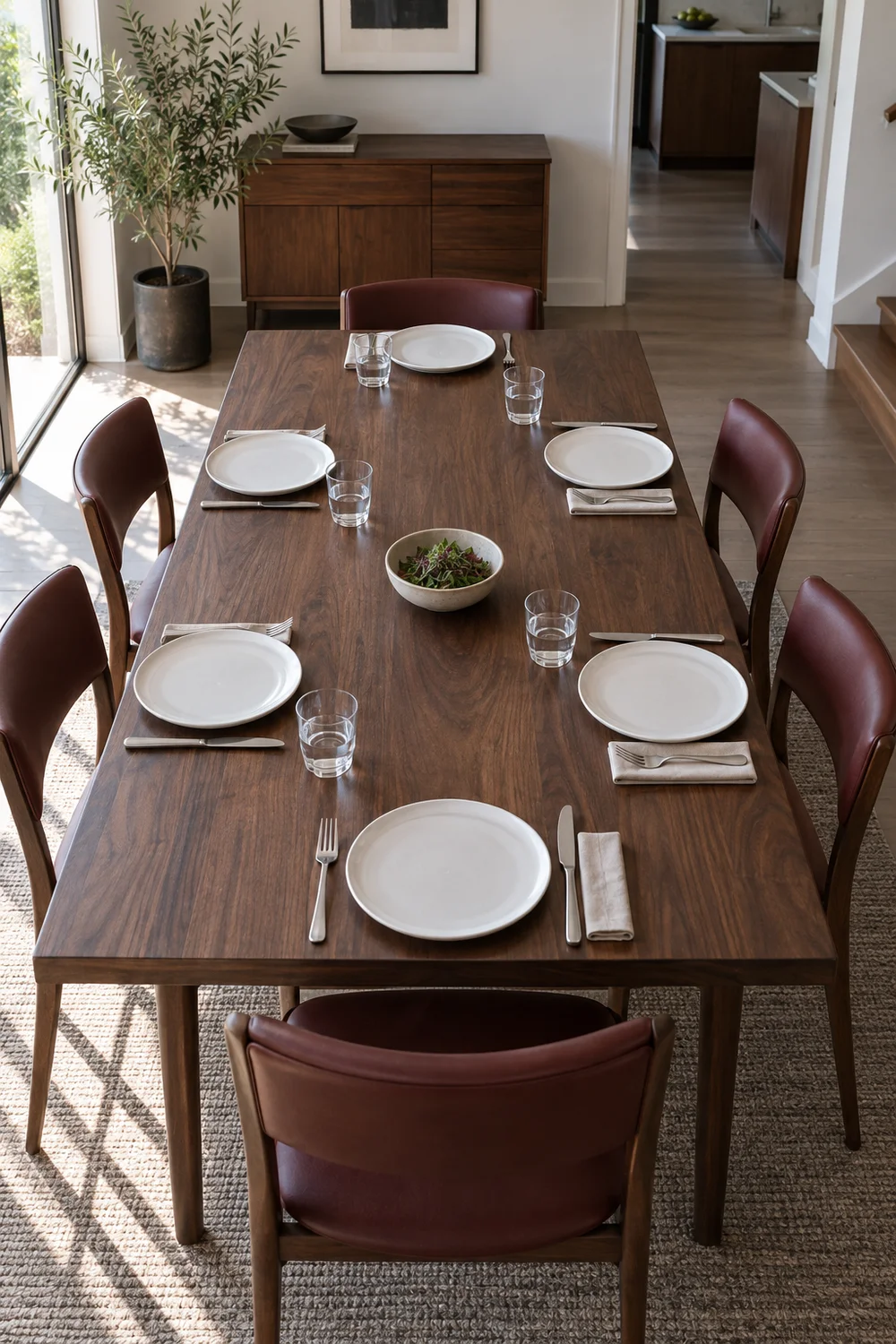 Six white place settings on a walnut dining table with a low salad bowl
