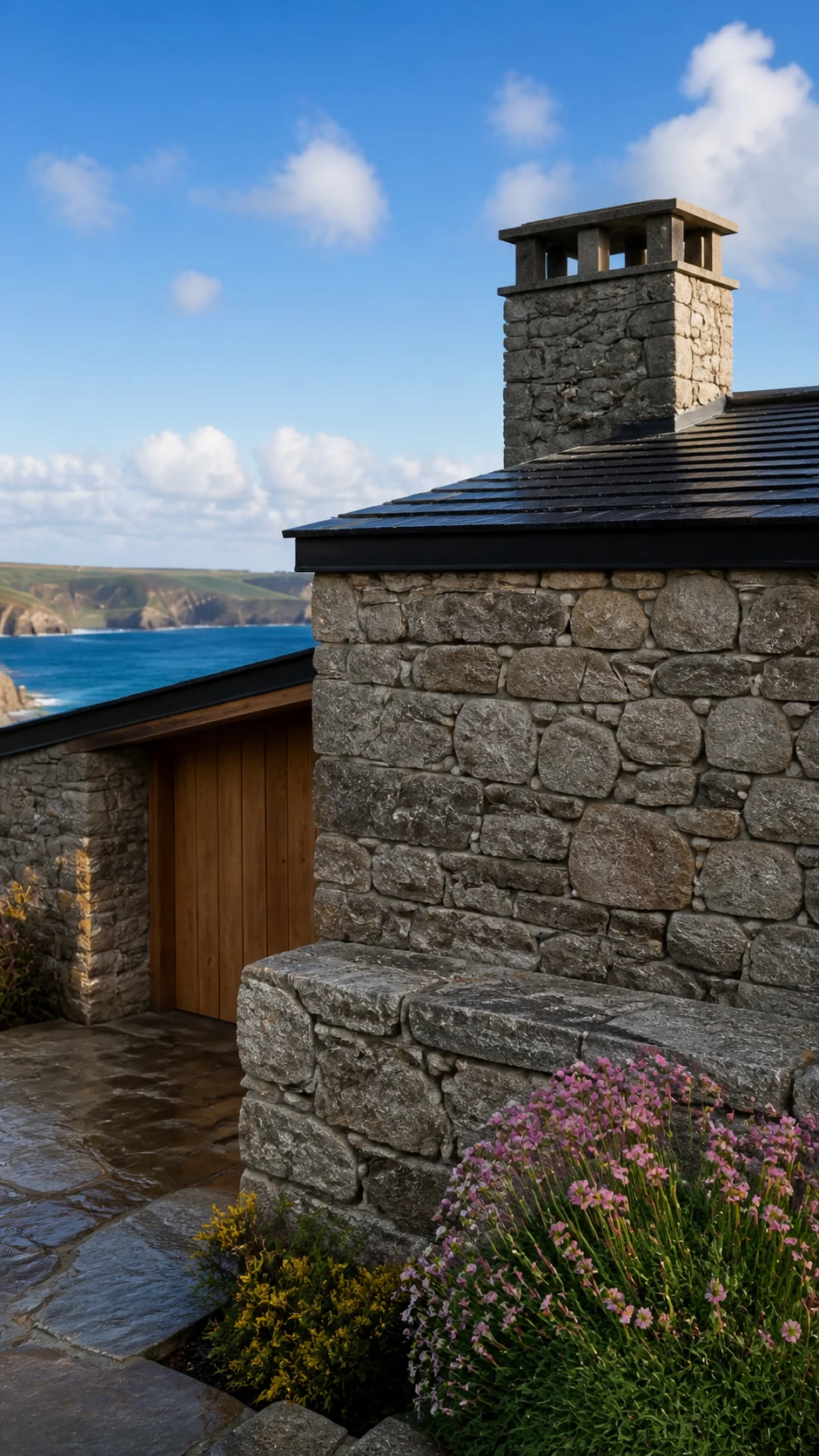 Slate roof and granite chimney above wildflowers