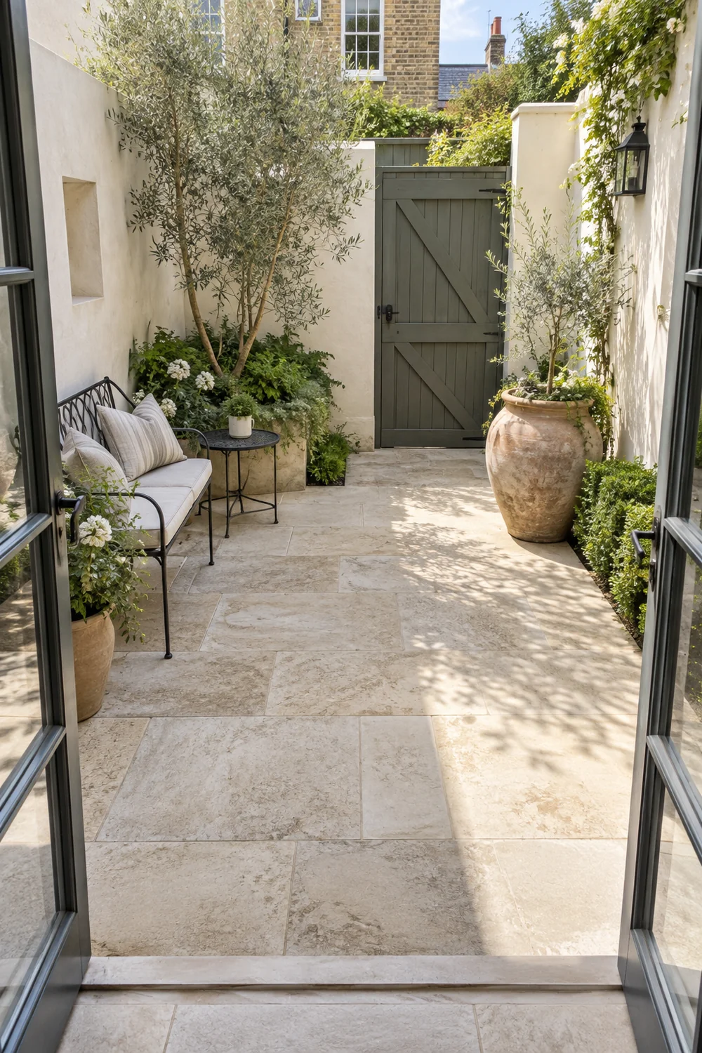 Small Mediterranean townhouse courtyard seen from the house with seating and an open walking route