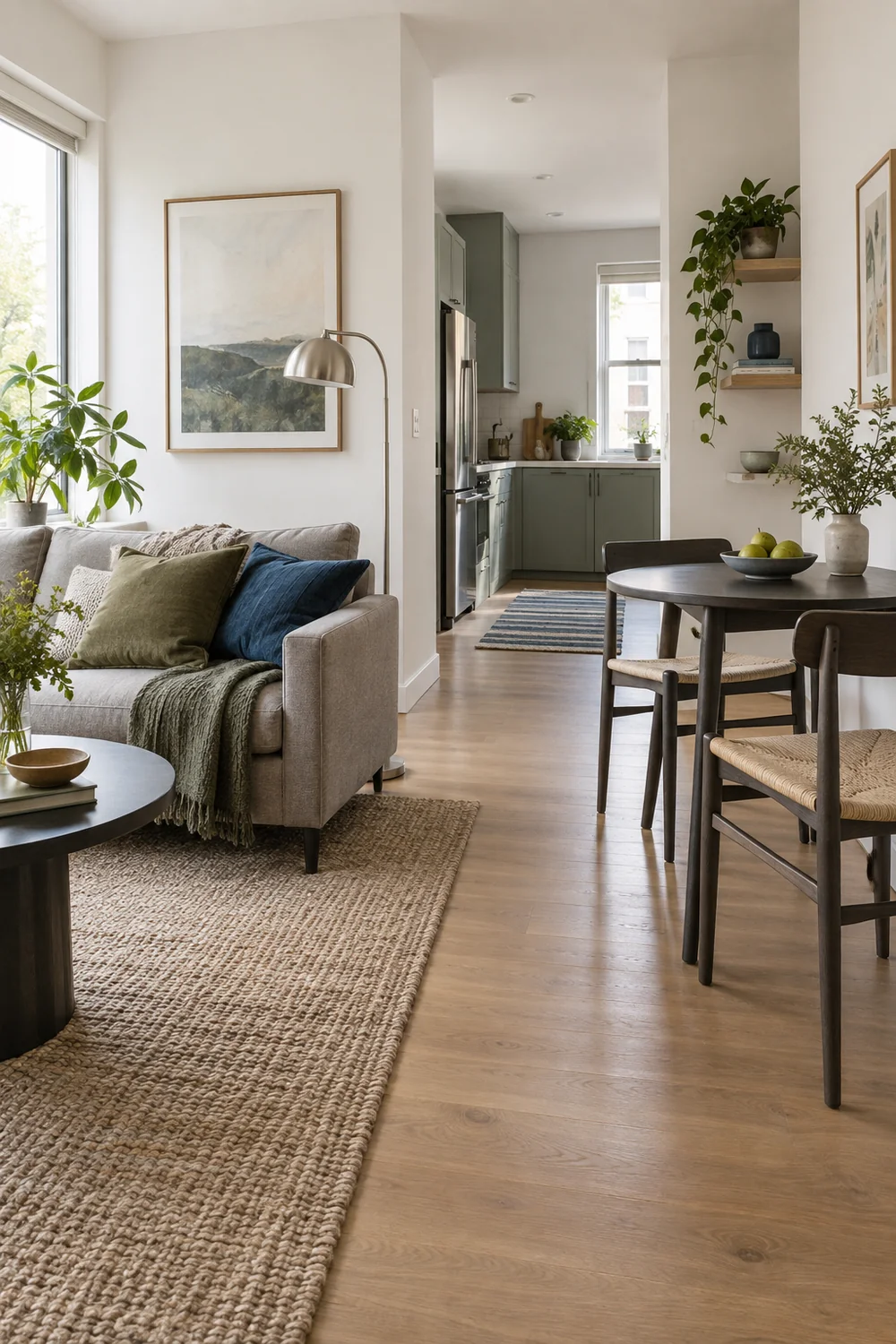 Small apartment living room with grey sofa and dark dining table beside a clear walkway