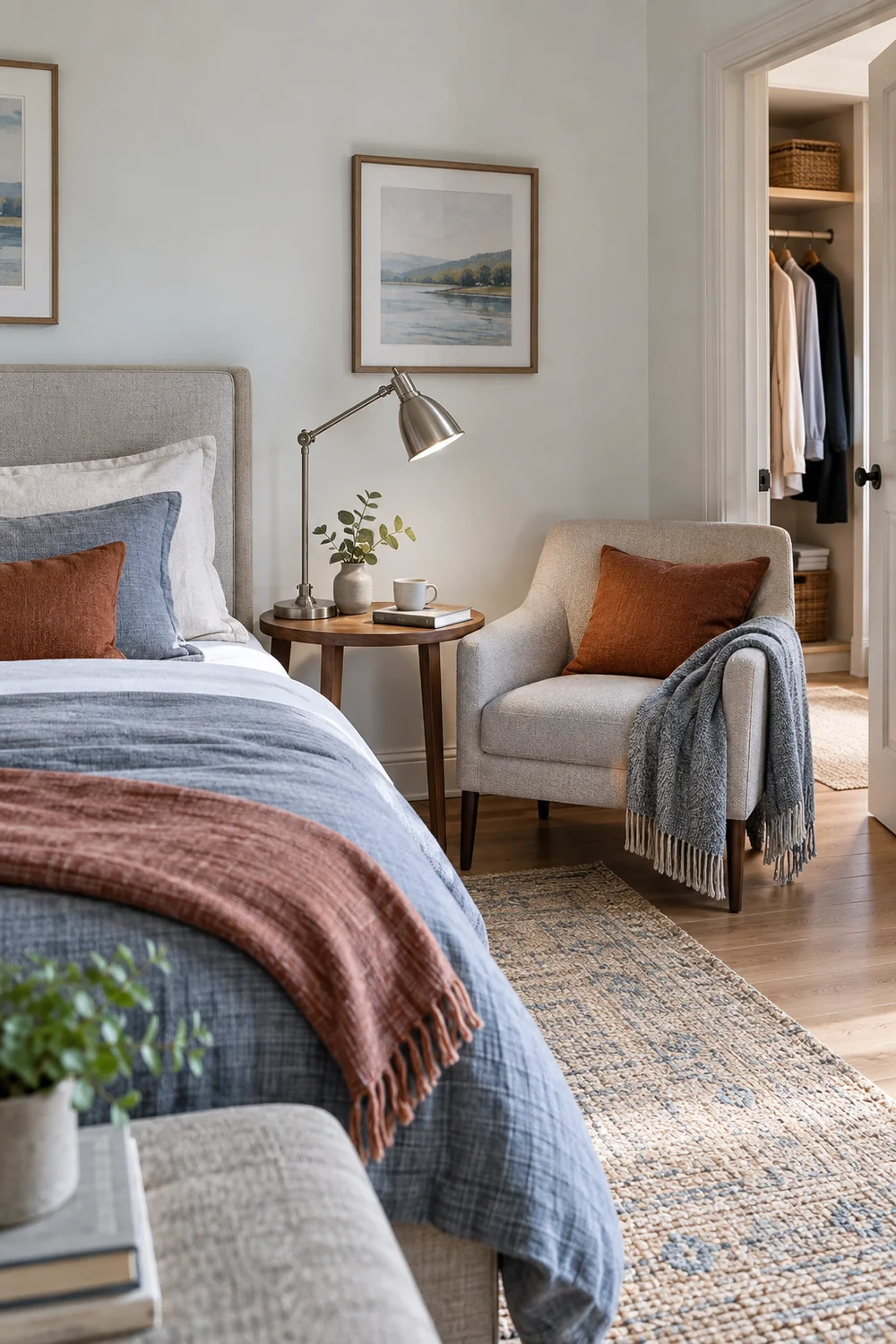 Small bedroom chair beside a bed with adjustable reading lamps