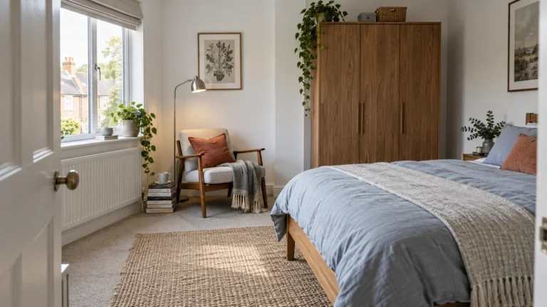 Small bedroom with walnut reading chair beside a window and clear access to the bed and wardrobe