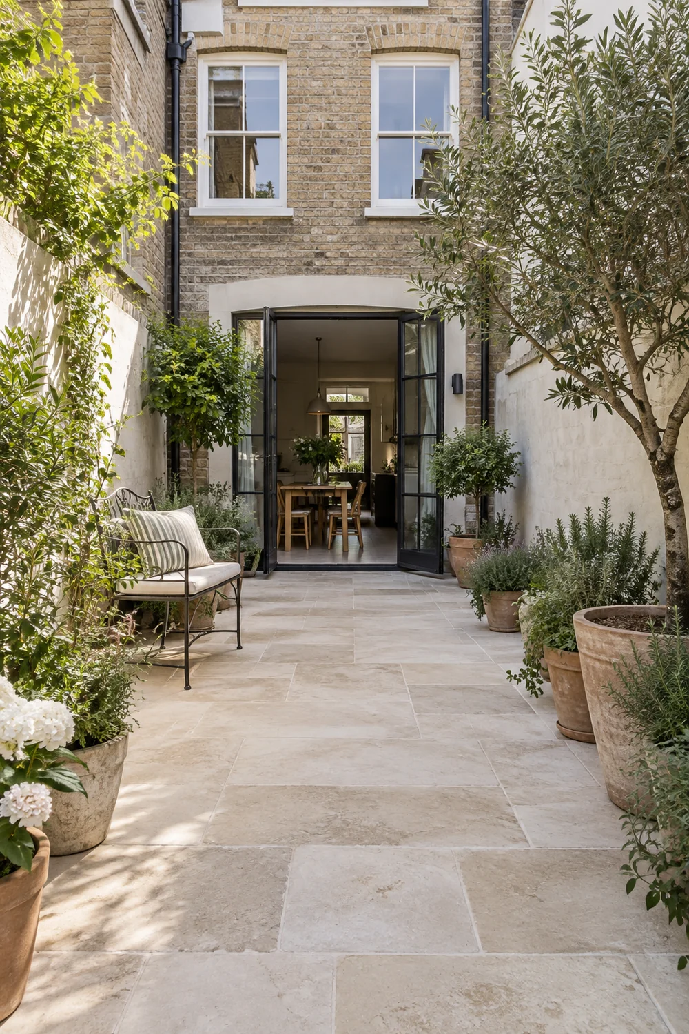 Small courtyard bench against a chalk wall with room to walk past