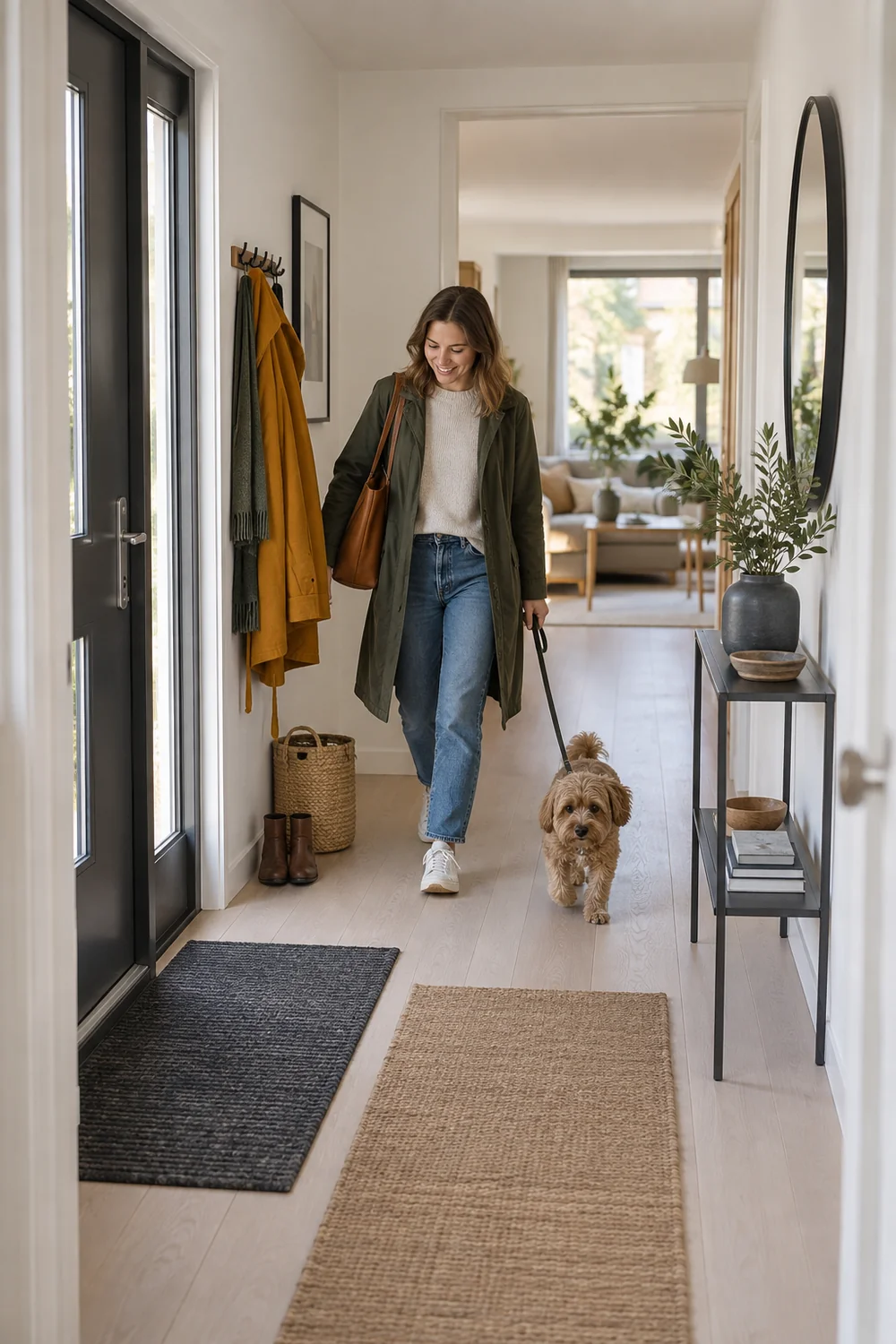 Small dog and owner crossing a clear Scandinavian hallway toward the living room