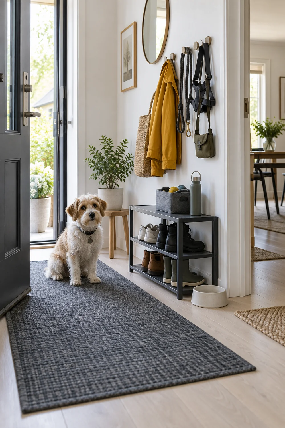 Small dog beside a minimal daily gear grouping at the entrance