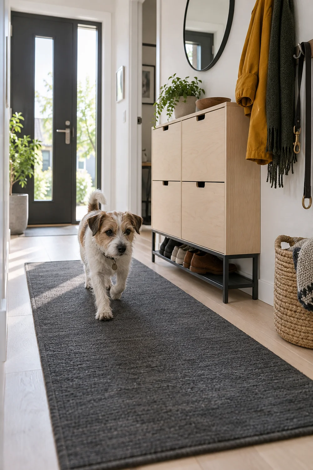 Small dog walking past compact birch storage in a clear bright hallway