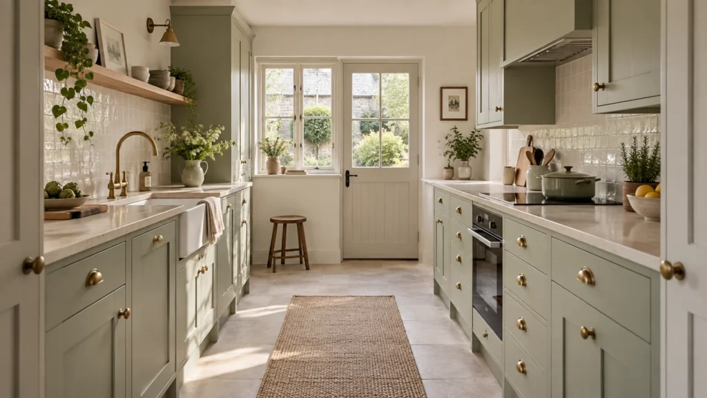 Small sage green galley kitchen with warm white walls and smoked oak details