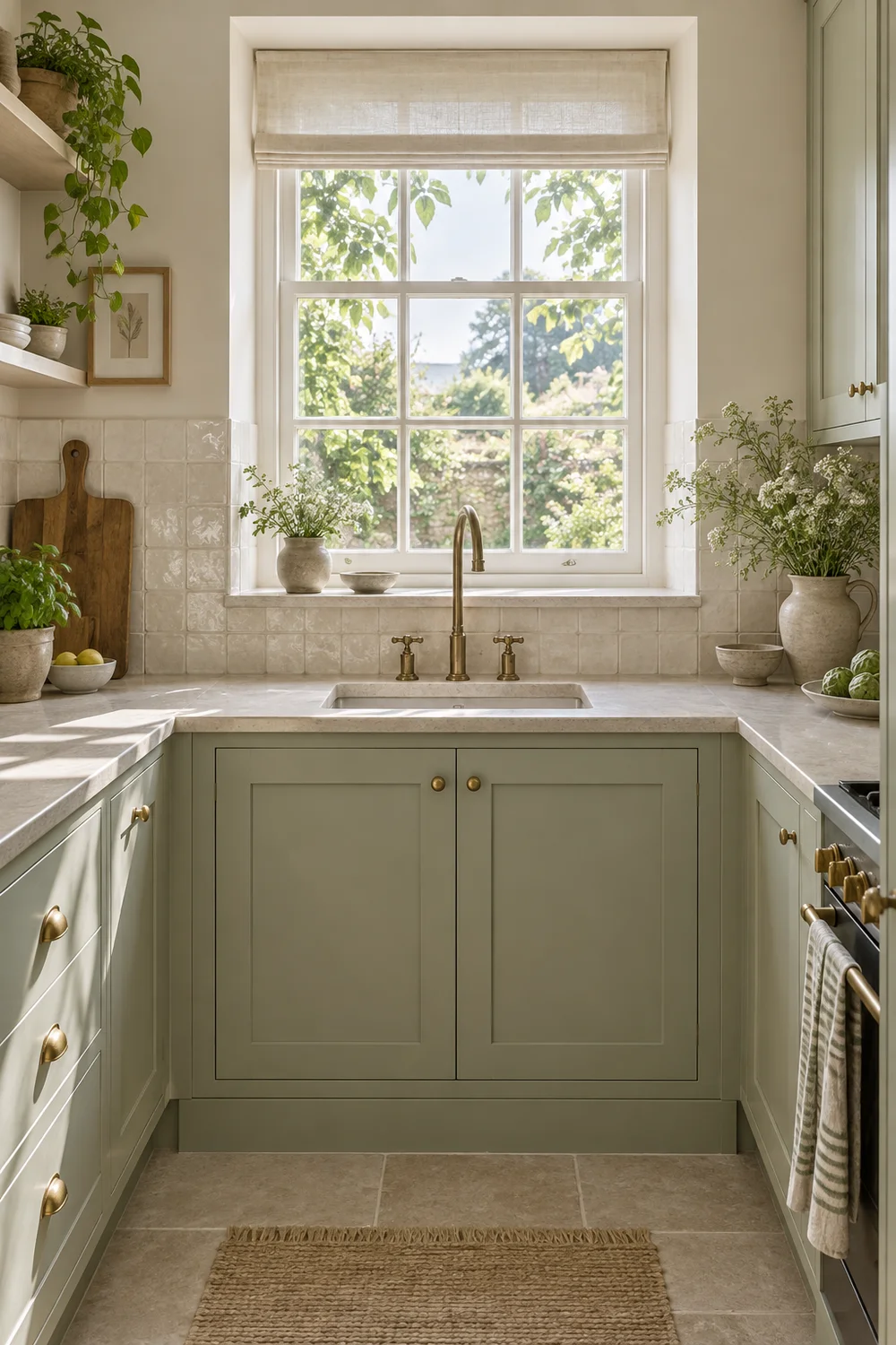 Small sage kitchen sink beneath a bright window with cream tile