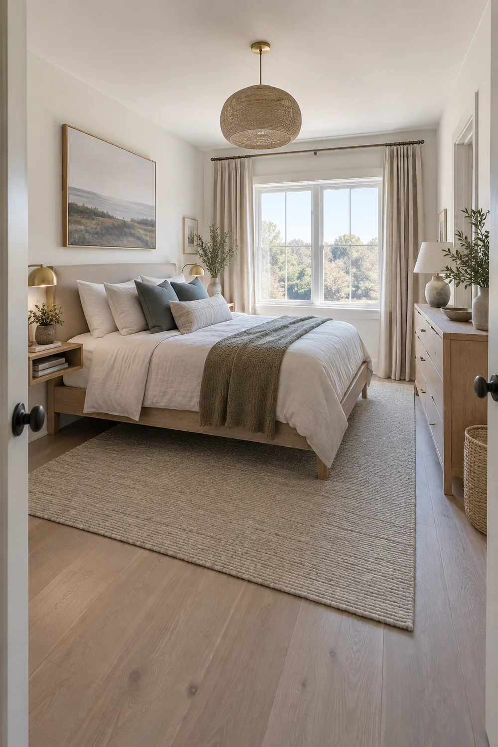 Small shared bedroom with a pale oak bed and muted blue bedding