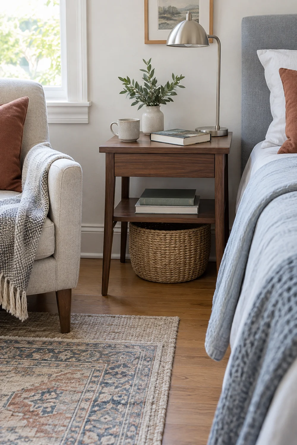 Small walnut side table holding current books with a basket underneath