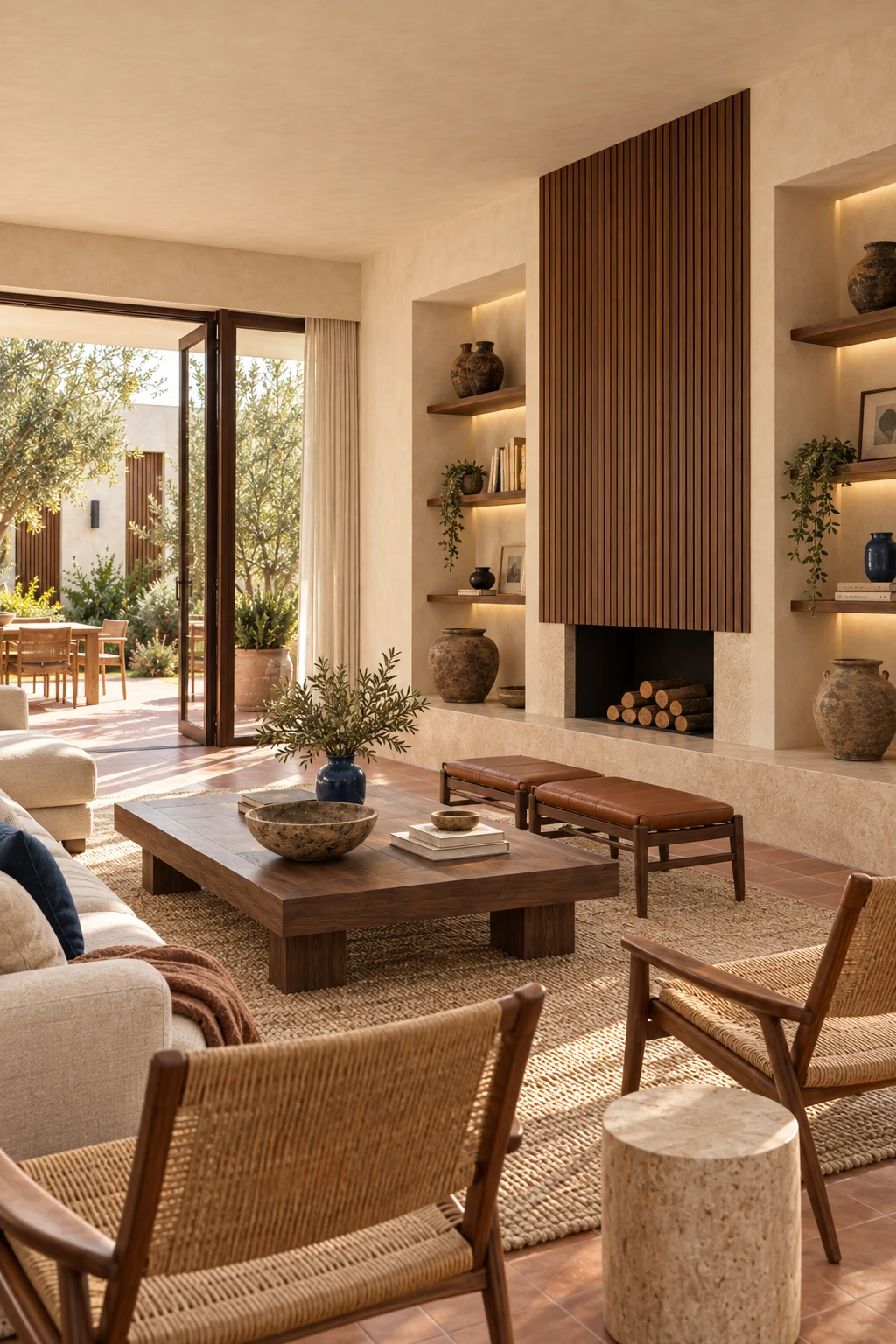 Smoked timber screen and built in seating with linen cushions in the living room