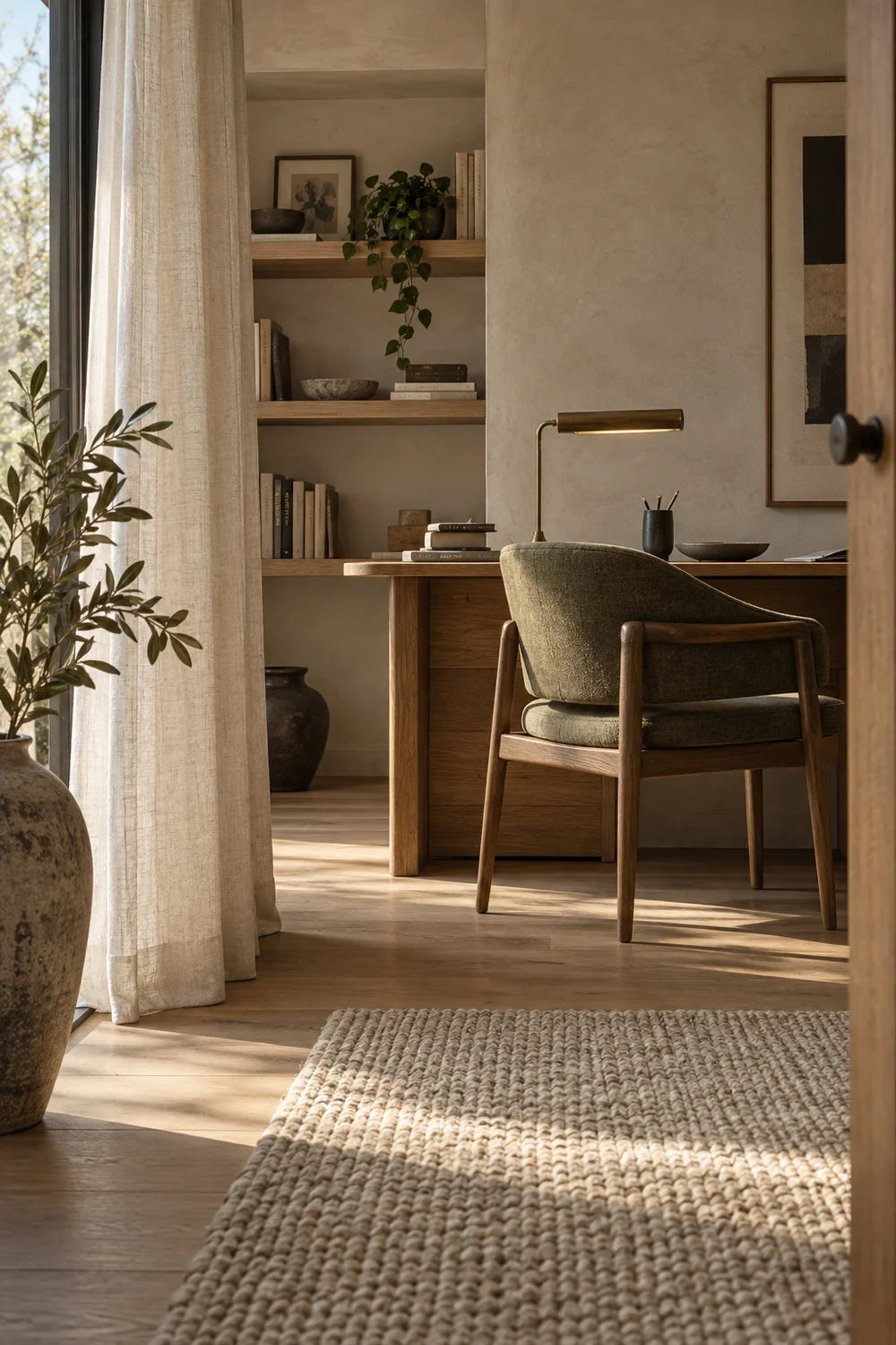 Soft furnishings supporting acoustic comfort in a Japandi study