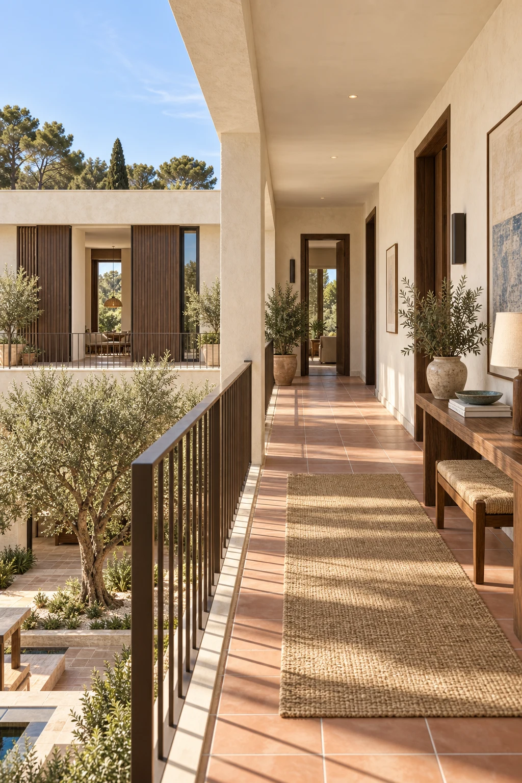 South facing upper gallery overlooking the courtyard between lime plaster walls and a slim metal rail
