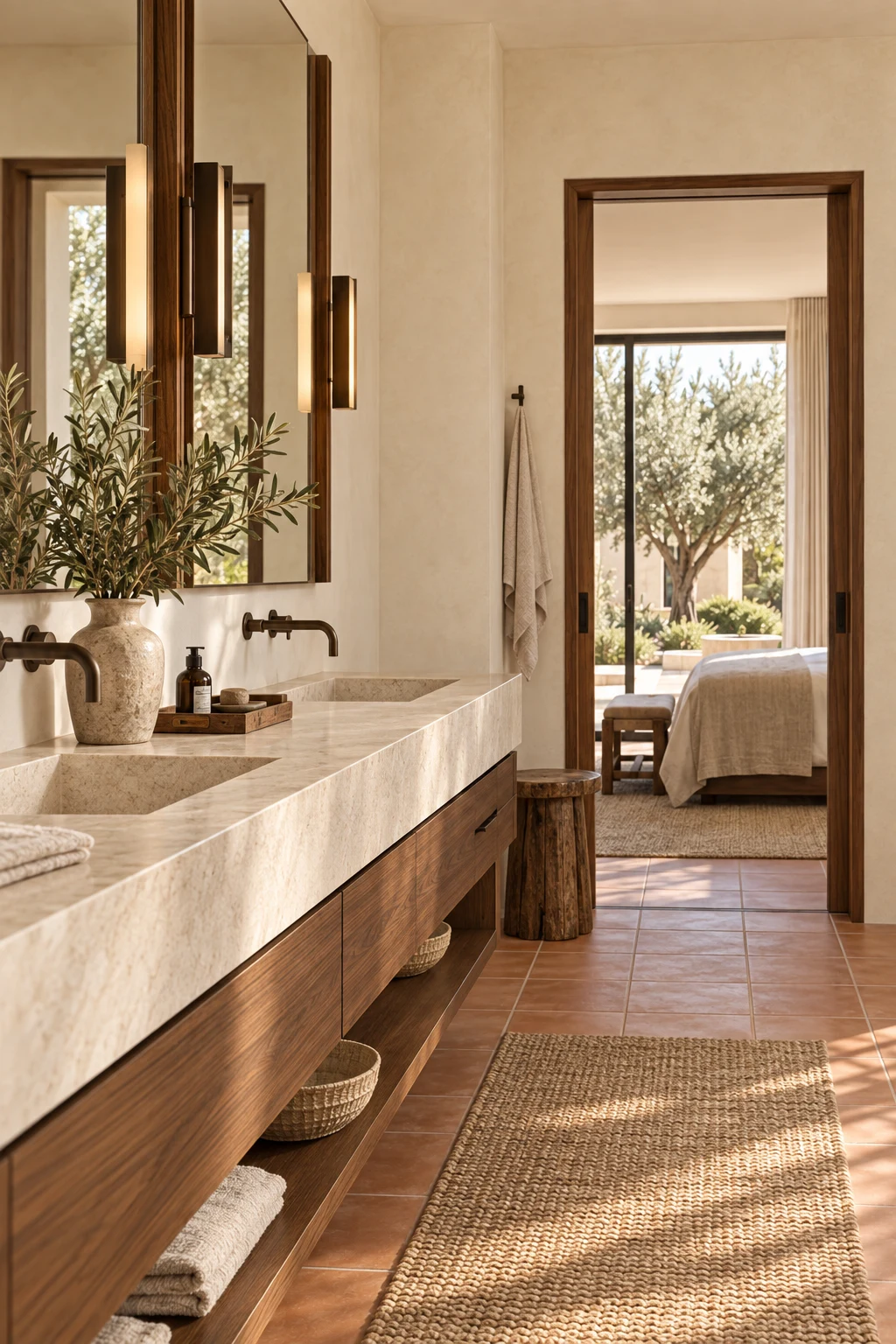 Stone basin and lime plaster bathroom detail with restrained oak storage