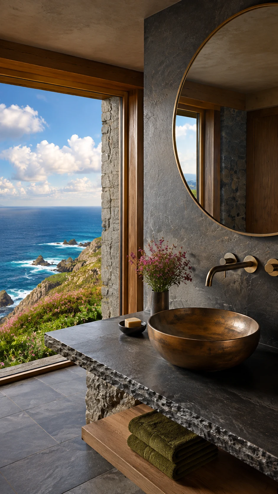 Stone basin and round mirror in bathroom