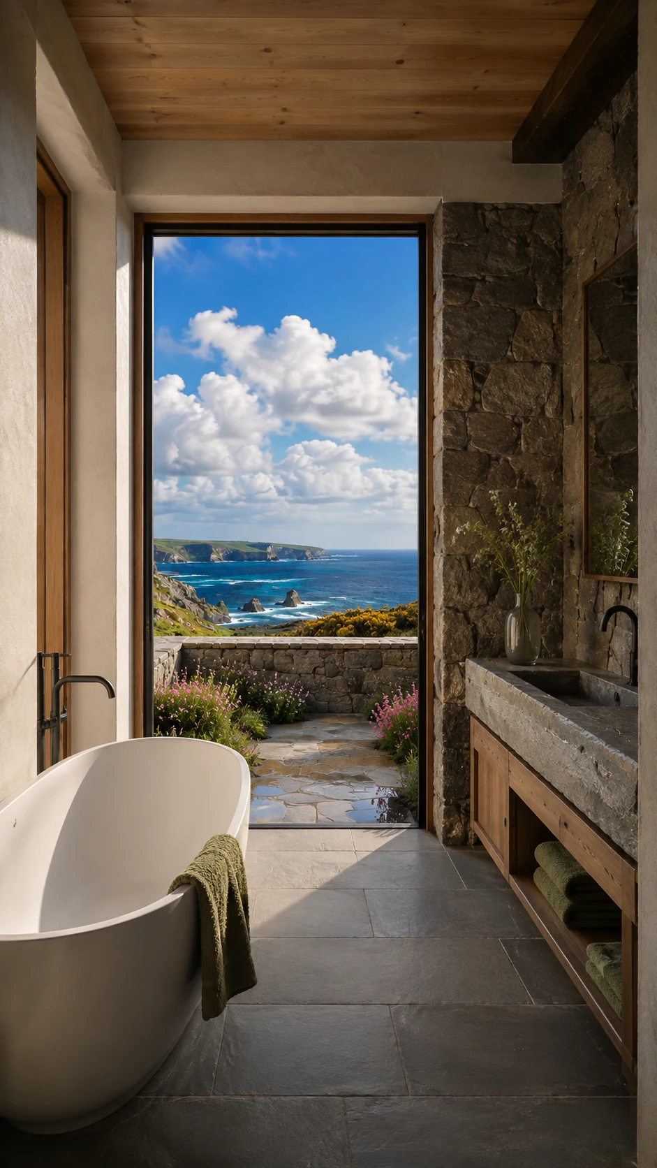 Stone bathroom with freestanding bath facing sea
