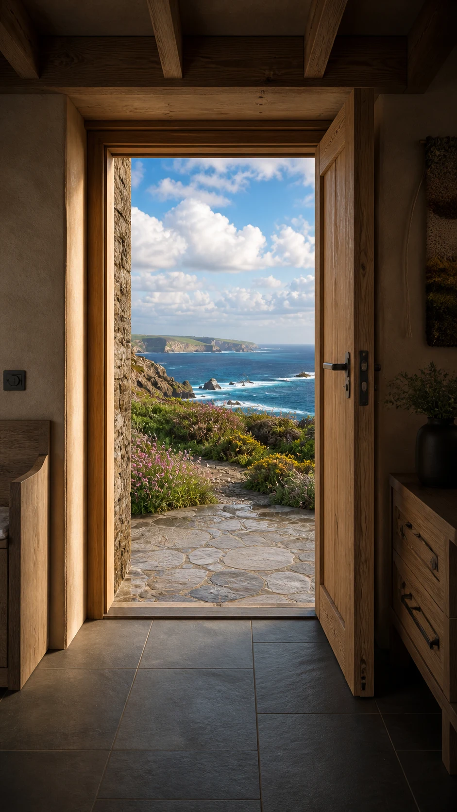 Stone courtyard looking towards the cottage
