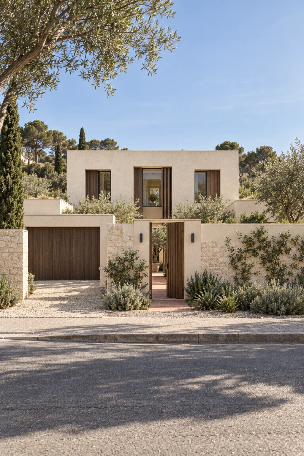 Street entrance of Casa del Pati with ivory lime plaster, a low limestone wall and a central timber gate