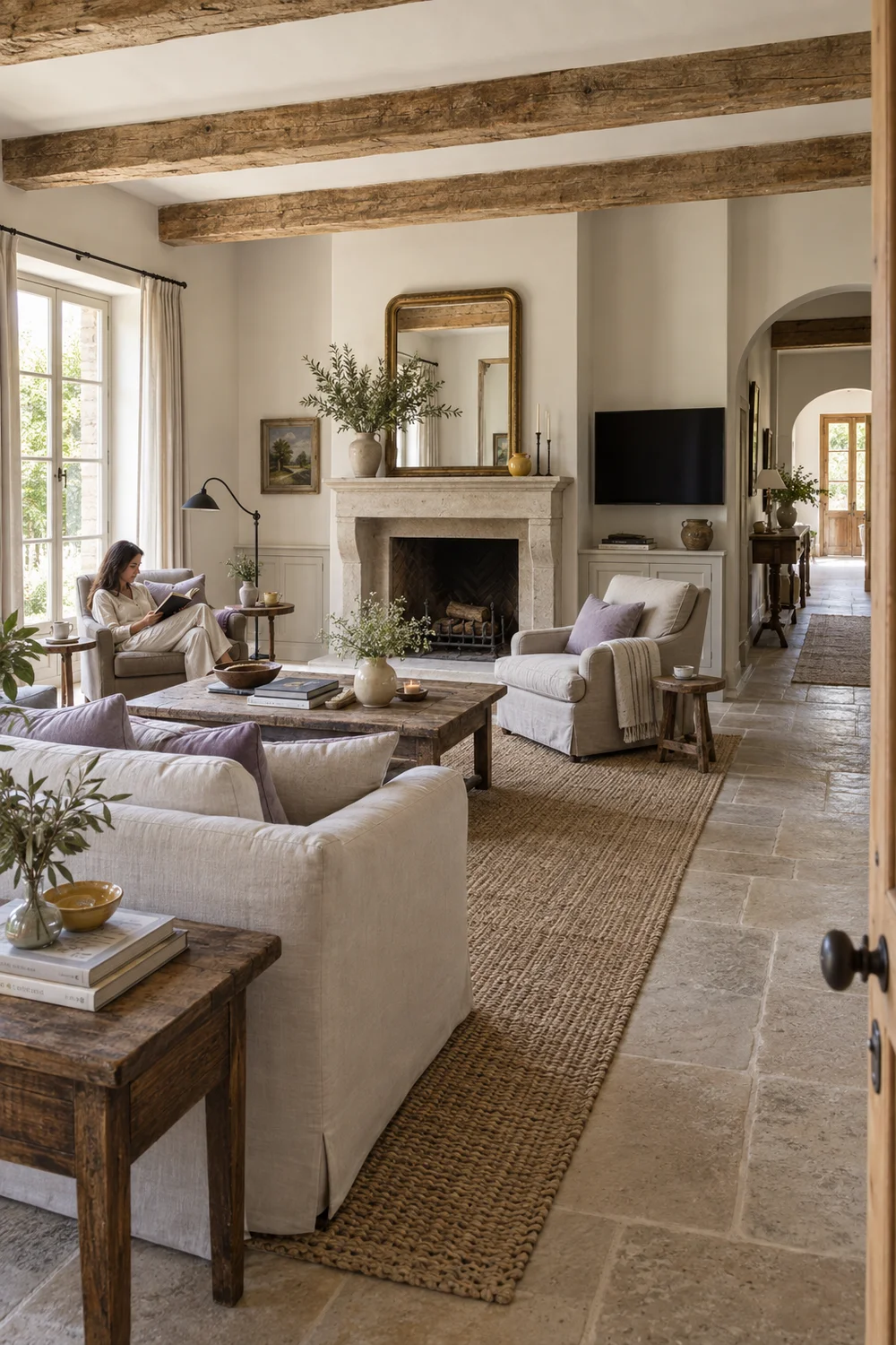 Sunlit French country family room with a clear route from doorway past cream seating