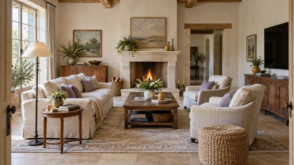 Sunlit French country family room with a fireplace side wall television and clear central seating