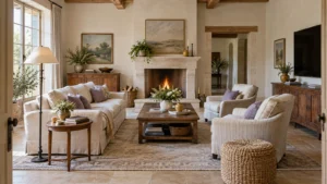Sunlit French country family room with a fireplace side wall television and clear central seating