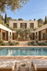 Swimming pool looking north through the open courtyard toward the two storey bedroom wing