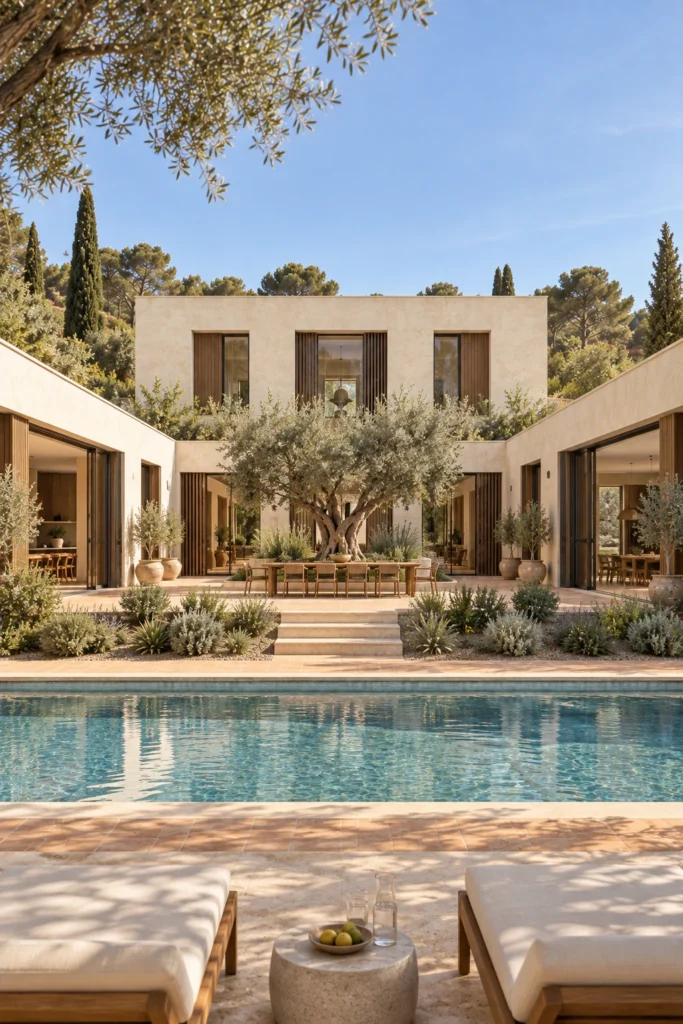 Swimming pool looking north through the open courtyard toward the two storey bedroom wing