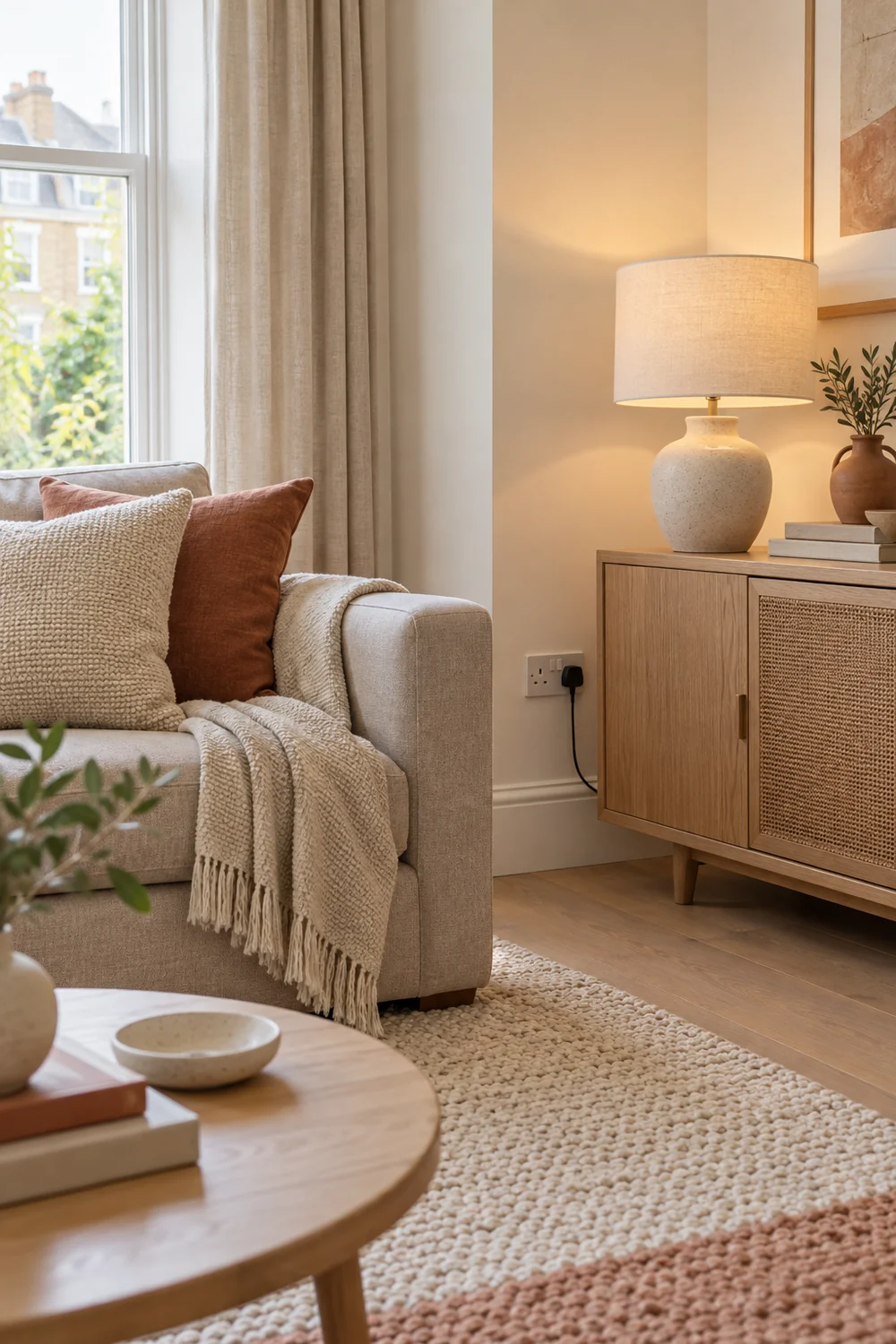 Table lamp on an oak cabinet beside a sofa and socket