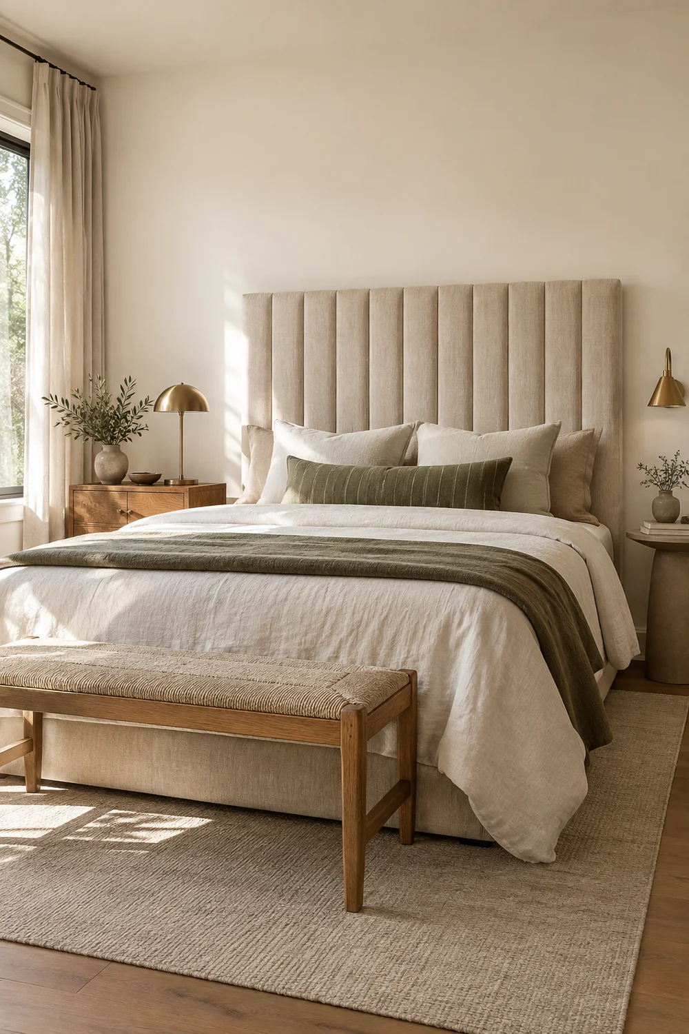 Tall upholstered headboard as the focal point of a calm bedroom