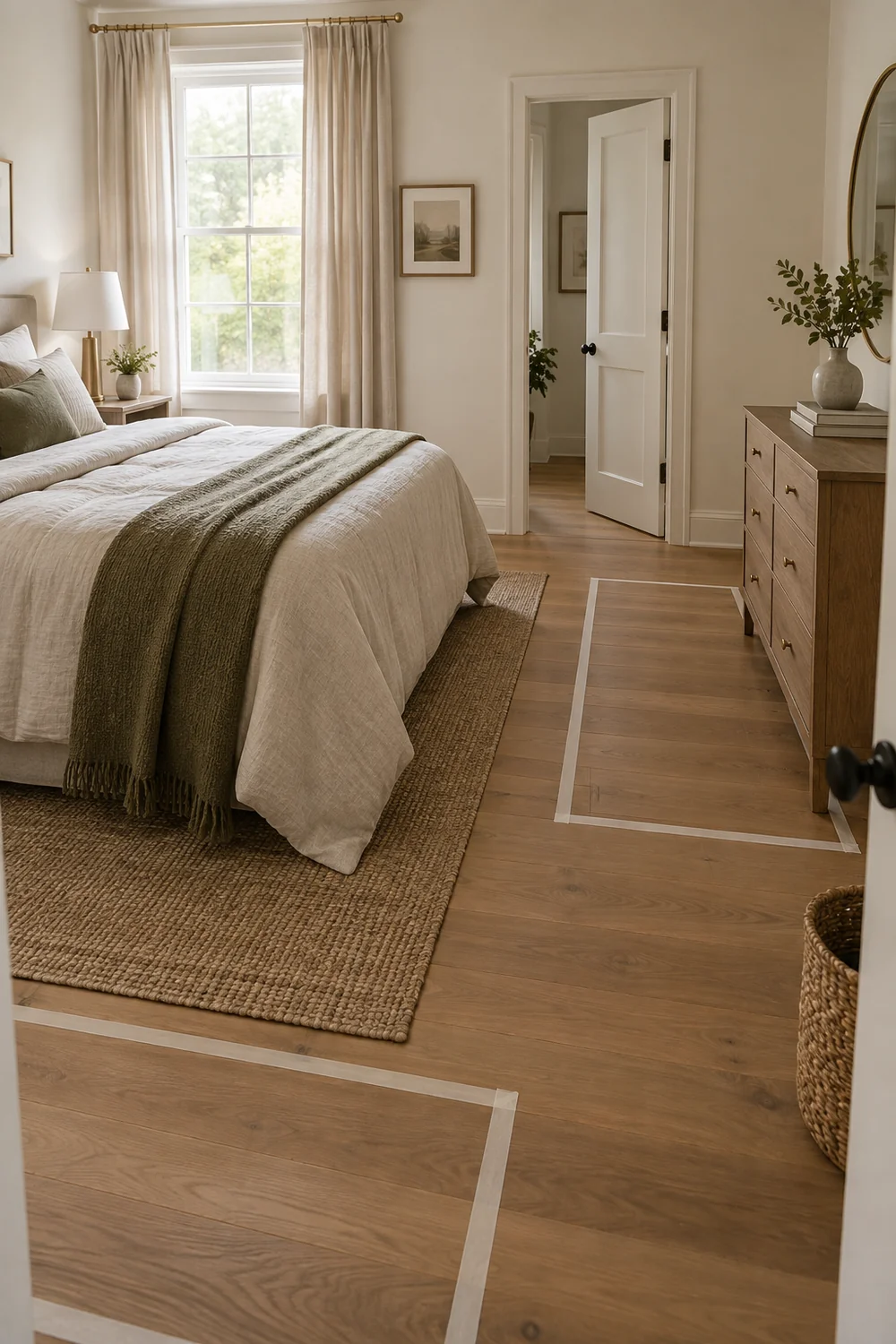 Tape marking a furniture route beside the bed in a bright bedroom