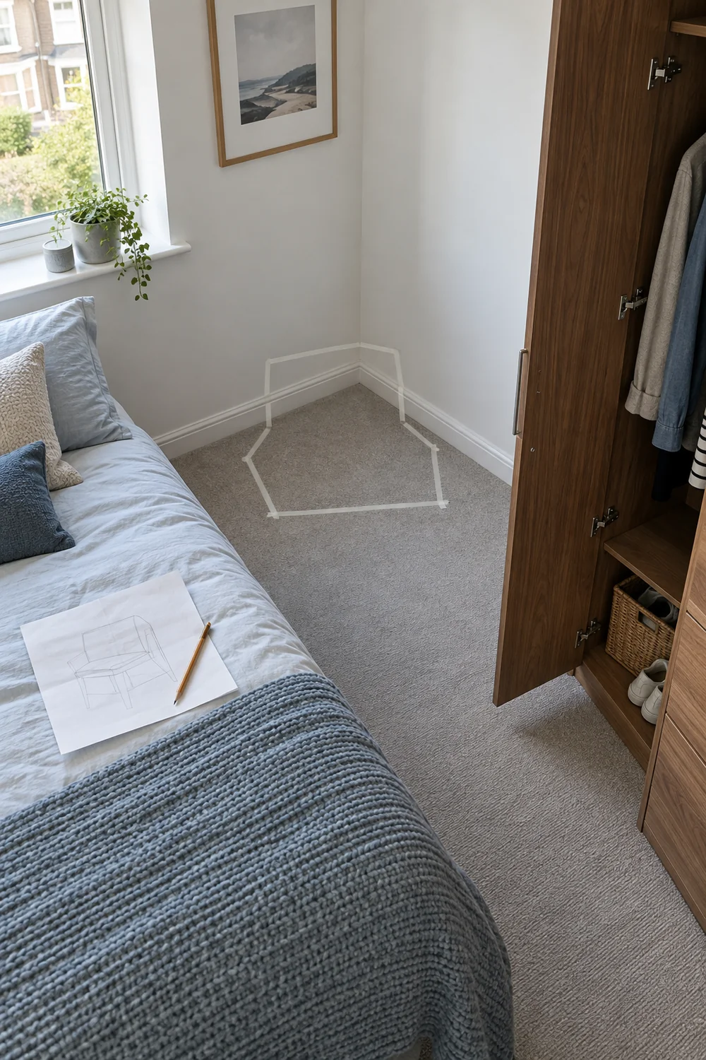 Tape marking a reading chair footprint in an empty bedroom corner