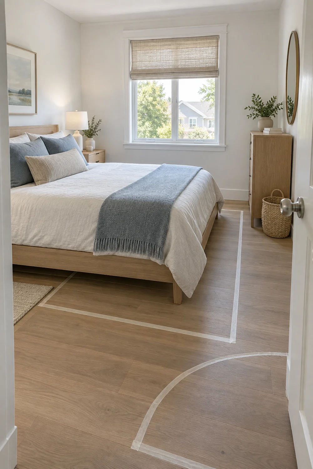 Tape marking bed and door space on the floor of a compact bedroom