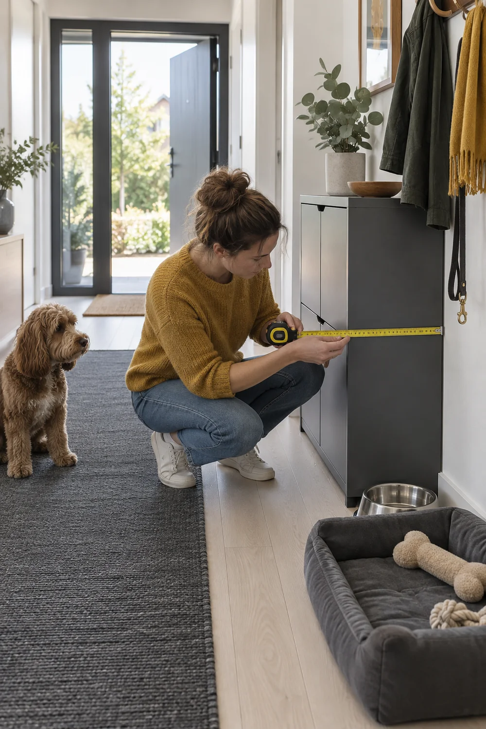 Tape measure marking cabinet depth beside an open hallway door
