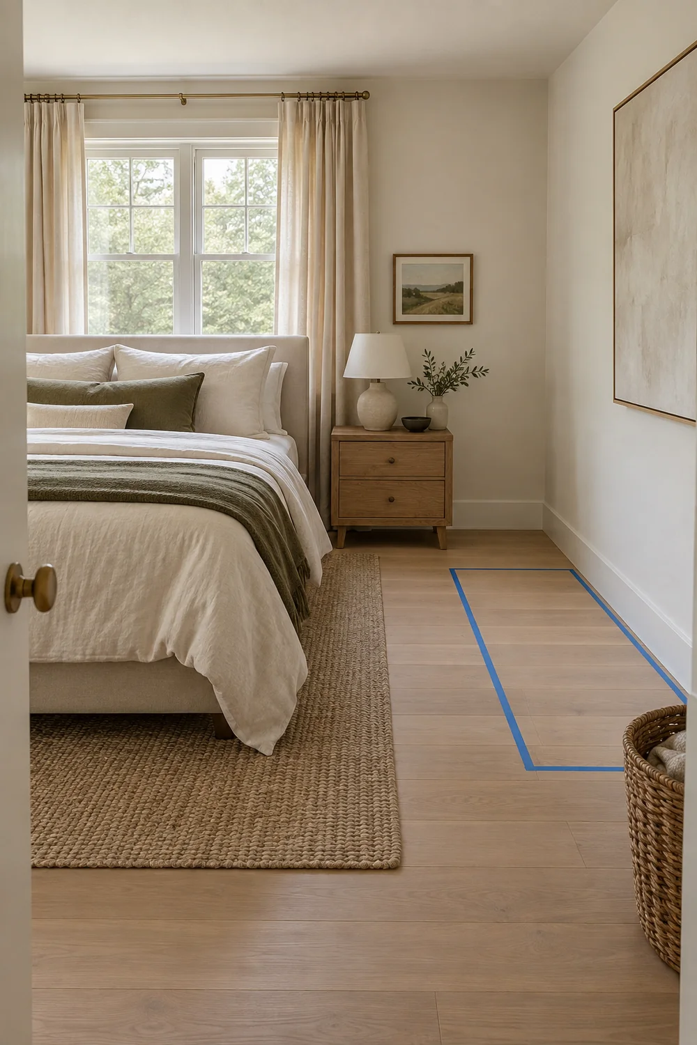 Tape outline on the floor beside a bed and oak bedside table
