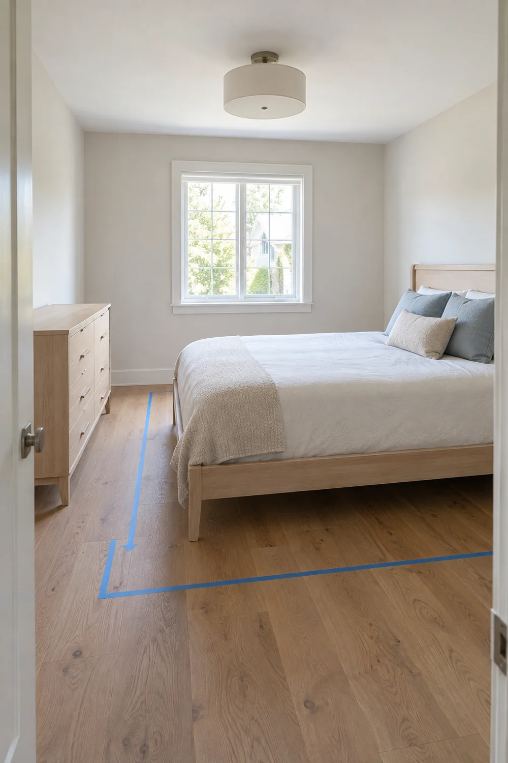 Tape outline showing a trial furniture position in a small bedroom