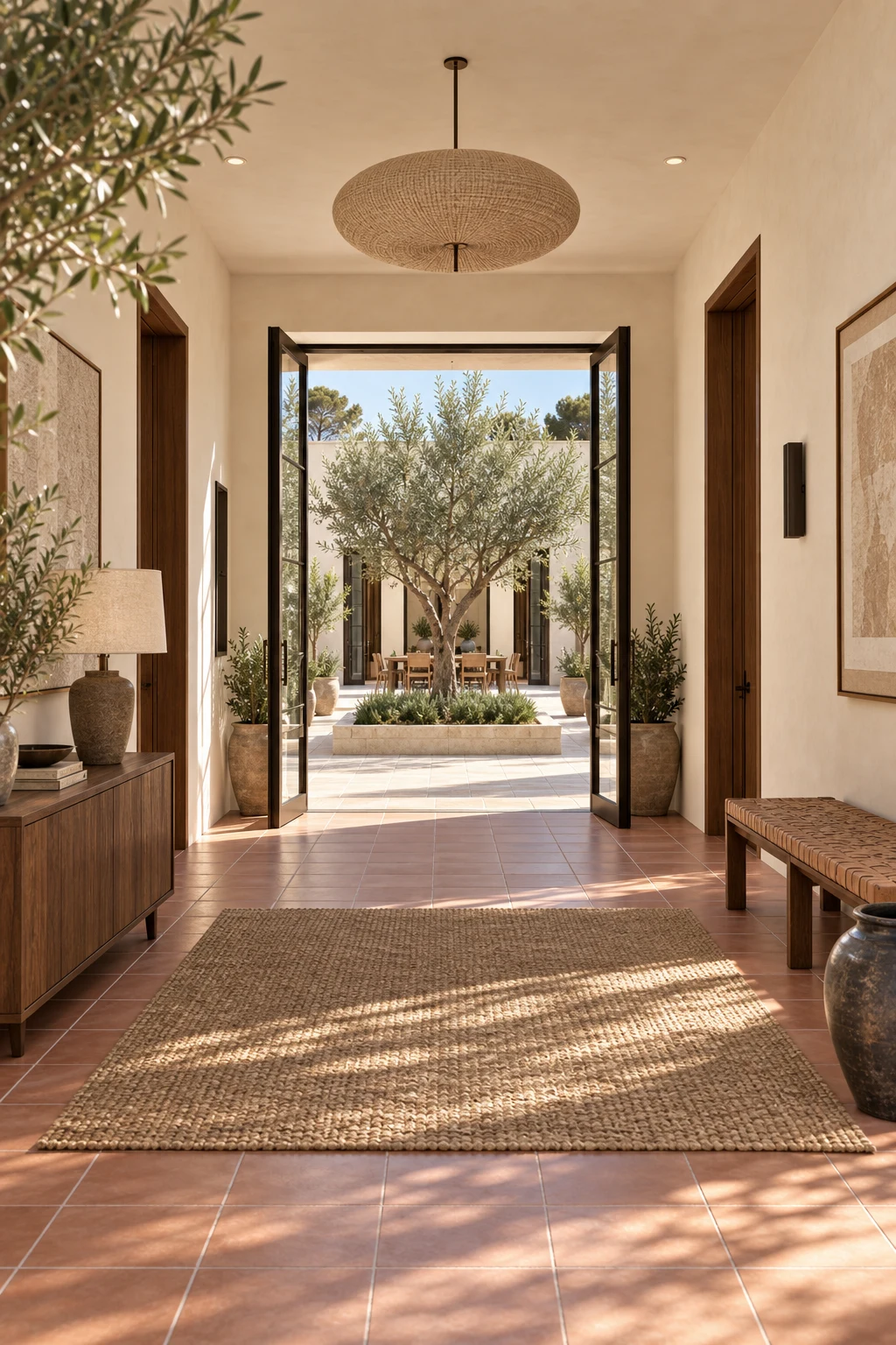 Terracotta floored foyer framing the sunlit olive courtyard beyond