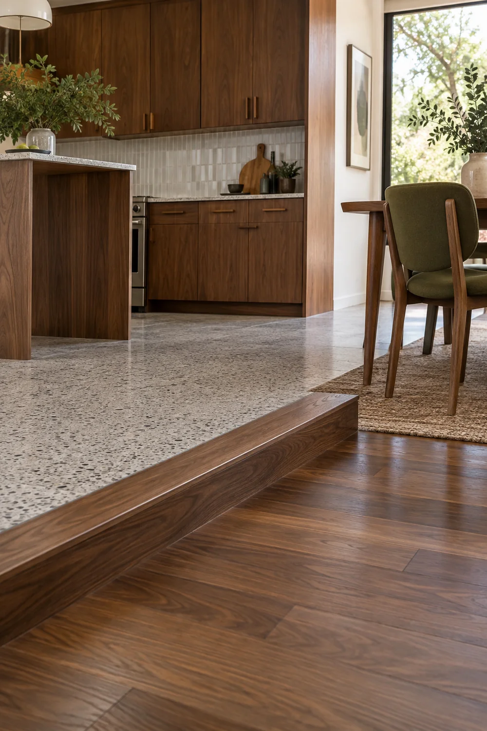 Terrazzo kitchen floor meeting a walnut dining floor at a visible step