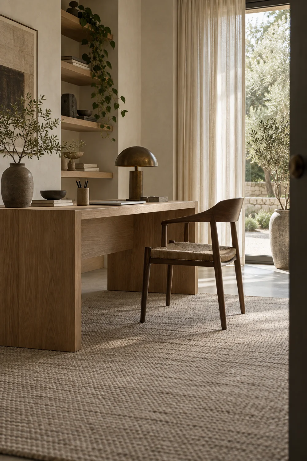 Textured woven rug softening a neutral Japandi home office
